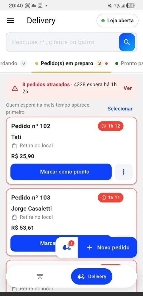 App PDV Go One com os pedidos de delivery em preparo
