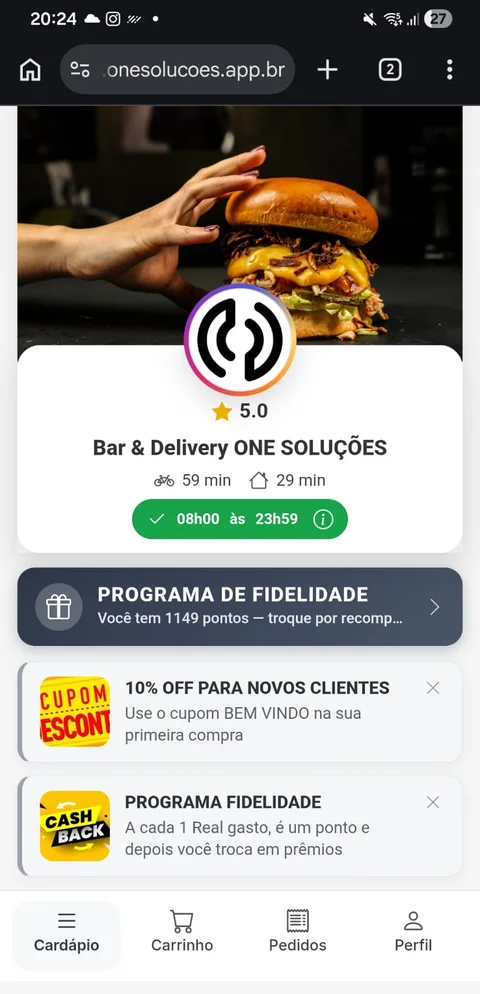 Cardápio digital da One com o programa de fidelidade e os cupons
