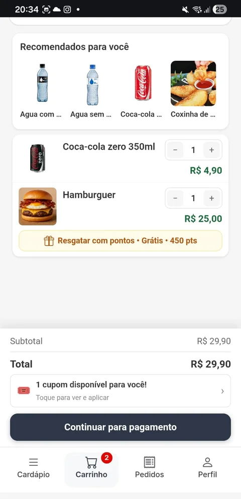 Carrinho do cardápio digital da One com o resgate de pontos