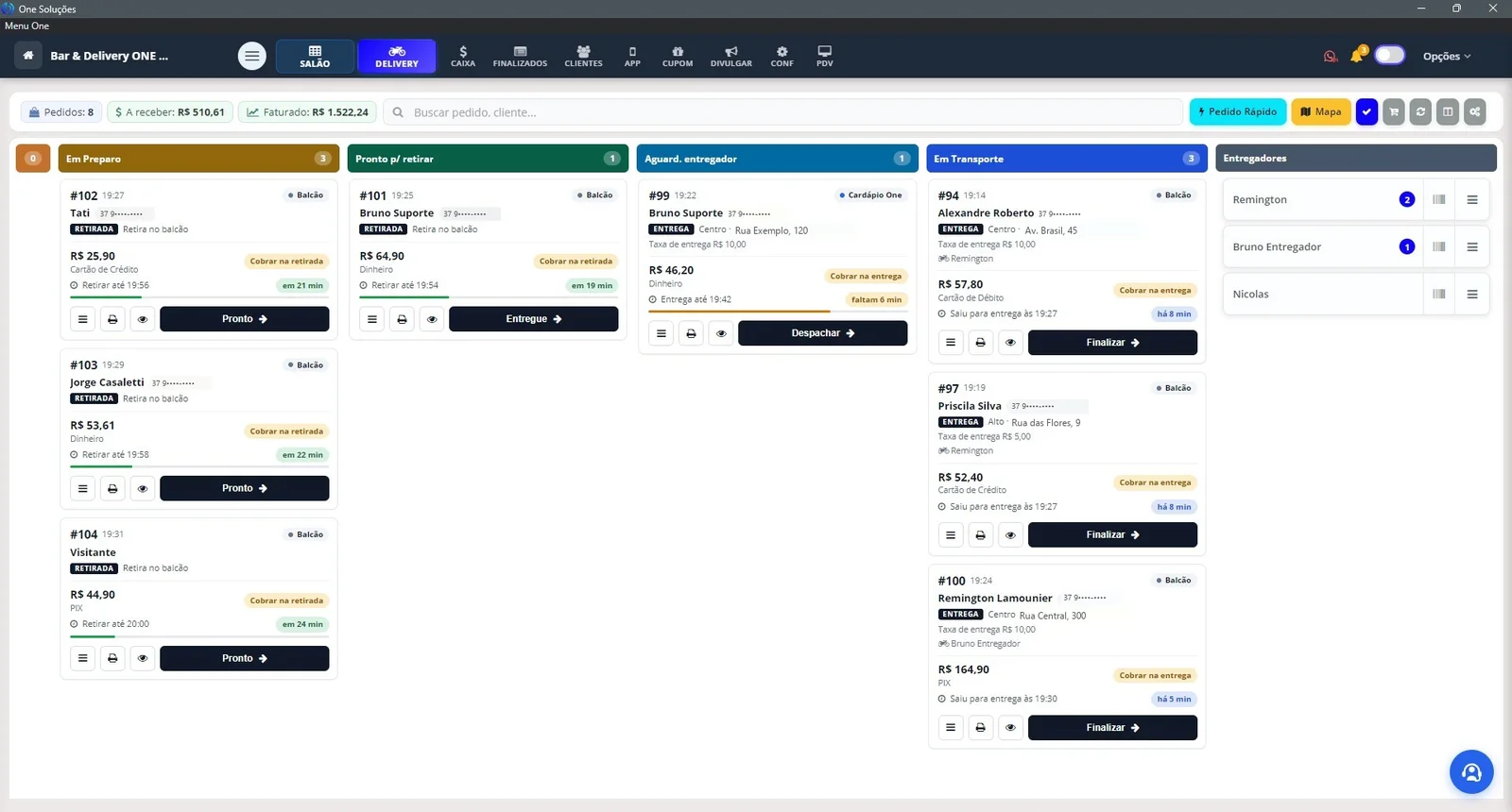 Gestor de delivery da One com os pedidos por etapa: em preparo, pronto para retirar, aguardando entregador e em transporte