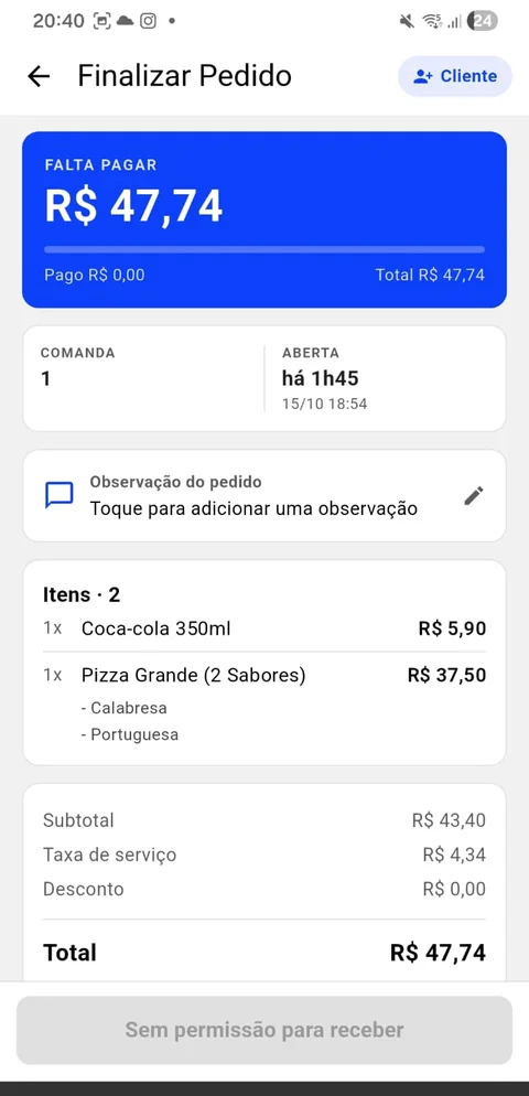 App PDV Go One fechando o pagamento de uma comanda