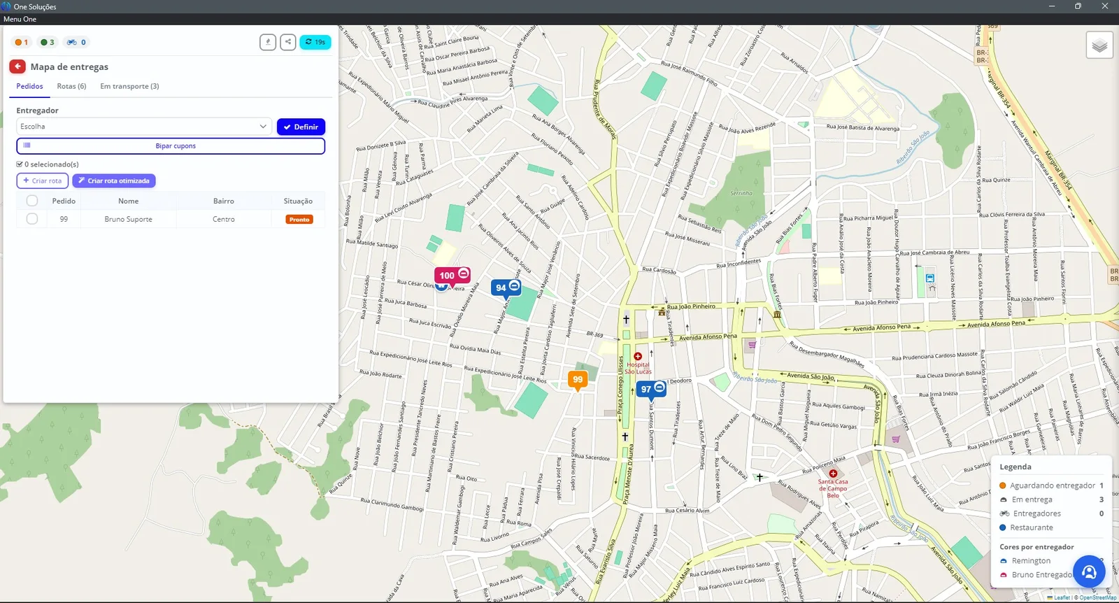 Mapa de entregas do sistema da One com os pedidos e a posição dos entregadores